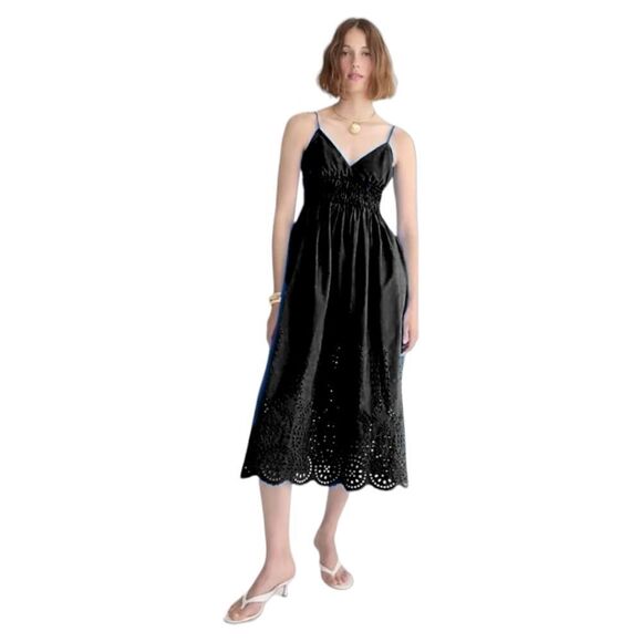 J Crew Maxi Dress V-neck smocked-waist in cotton poplin BR450 Black NWT - Picture 2 of 15